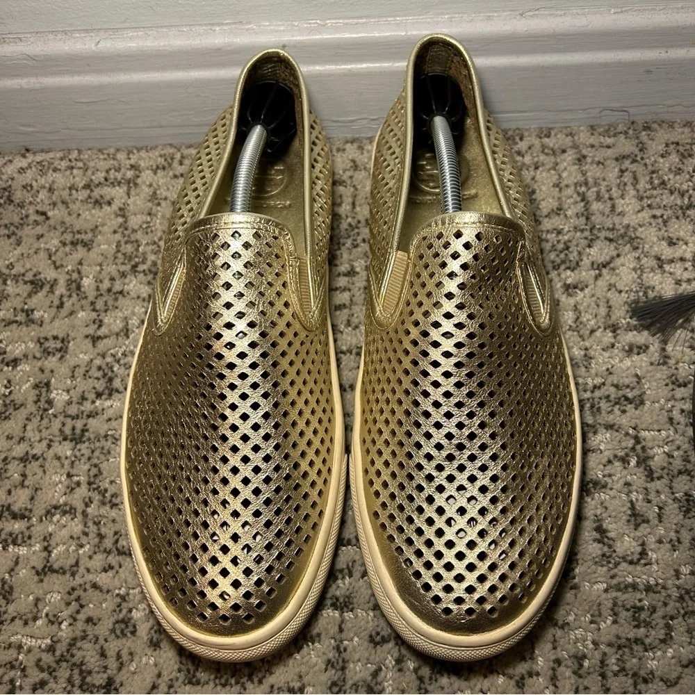 Tory Burch Leather Jesse Gold Perforated Slip-On Loafers Size 9.5